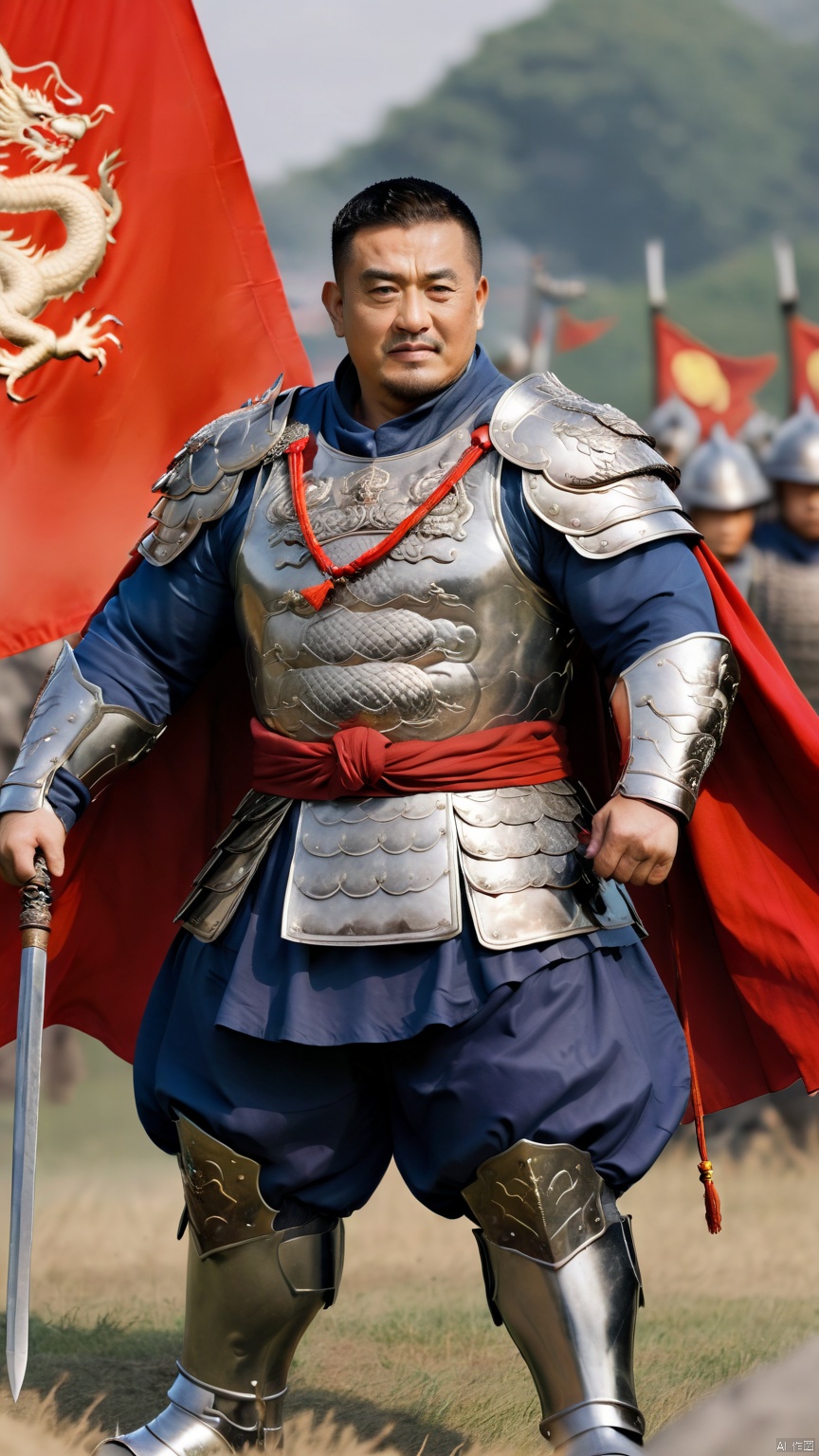  1man,stocky, strong, muscle, Majestic Ming Dynasty general, armored in a battle suit with embroidered dragon motifs, , and cloaked with a cape, his expression resolute. The backdrop features a battlefield scenery, flags fluttering, with high contrast and high definition to depict the ambiance of wartime epic, happy,
, Silverjoe, asian, huggymale,mature male