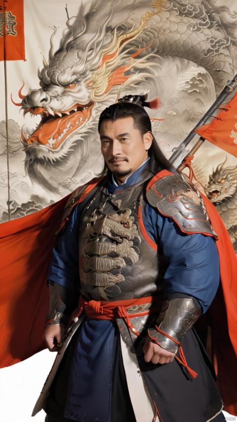  1man,stocky, strong, muscle, Majestic Ming Dynasty general, armored in a battle suit with embroidered dragon motifs, , and cloaked with a cape, his expression resolute. The backdrop features a battlefield scenery, flags fluttering, with high contrast and high definition to depict the ambiance of wartime epic, happy,
, Silverjoe, asian, huggymale,mature male,NSFW,penis