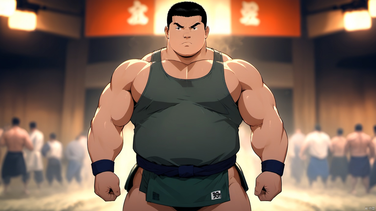  best quality, amazing quality, very aesthetic, absurdres,1man,solo,muscular male,looking at viewer, slighty_chubby, standing,**** top,warming,black hair, Muscular Male, 90s, Movie style background, SUMO