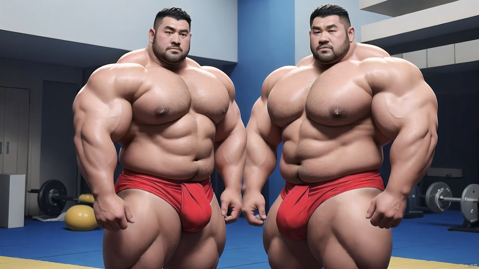  best quality, amazing quality, very aesthetic, absurdres,1man,solo,muscular male,looking at viewer, slighty_chubby, standing,**** top,warming,black hair, Muscular Male, 90s, Movie style background, SUMO, km, muscular