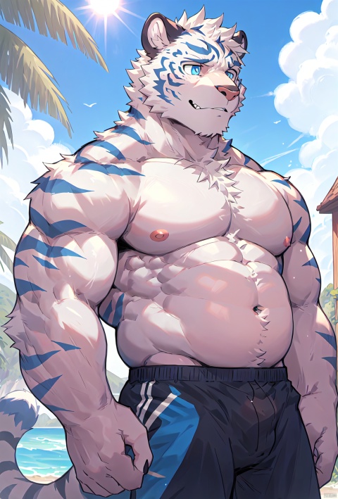  men,Correct body structure,Correct finger structure,Facial,correctness,sunshine,grim expression,Correct pupil structure,single person ,Blue and white fur,tiger,blue pupils,Slender physique, chubby