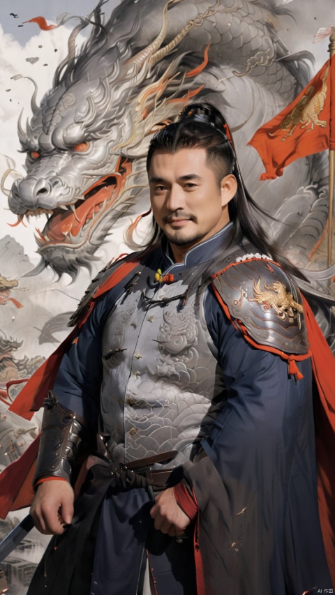  1man,stocky, strong, muscle, NSFW,penis
,naked_shirt,Majestic Ming Dynasty general, armored in a battle suit with embroidered dragon motifs, , and cloaked with a cape, his expression resolute. The backdrop features a battlefield scenery, flags fluttering, with high contrast and high definition to depict the ambiance of wartime epic, happy,
, Silverjoe, asian, huggymale,mature male,