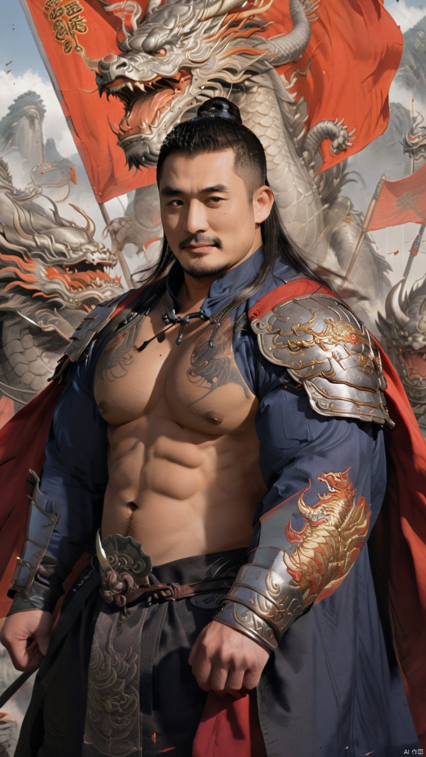  1man,stocky, strong, muscle, NSFW,penis
,naked_shirt,Majestic Ming Dynasty general, armored in a battle suit with embroidered dragon motifs, , and cloaked with a cape, his expression resolute. The backdrop features a battlefield scenery, flags fluttering, with high contrast and high definition to depict the ambiance of wartime epic, happy,
, Silverjoe, asian, huggymale,mature male,