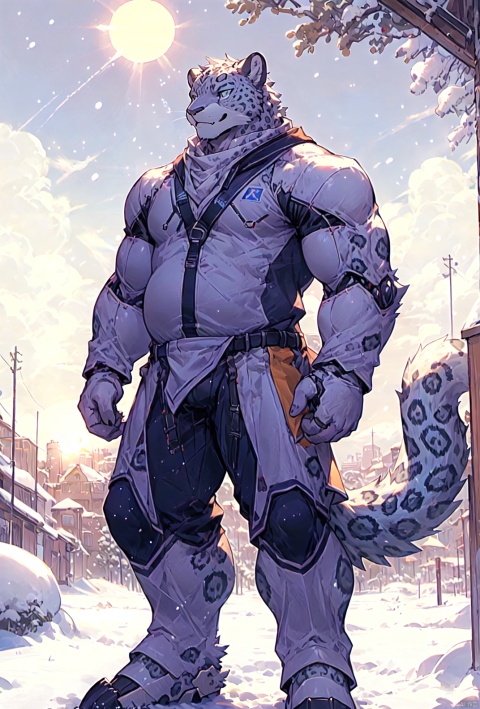  men,Correct body structure,Correct finger structure,Facial,correctness,sunshine,Correct pupil structure,single person ,Slender physique,snow leopard, mechangel,Mecha,Sun background,chubby,one tail