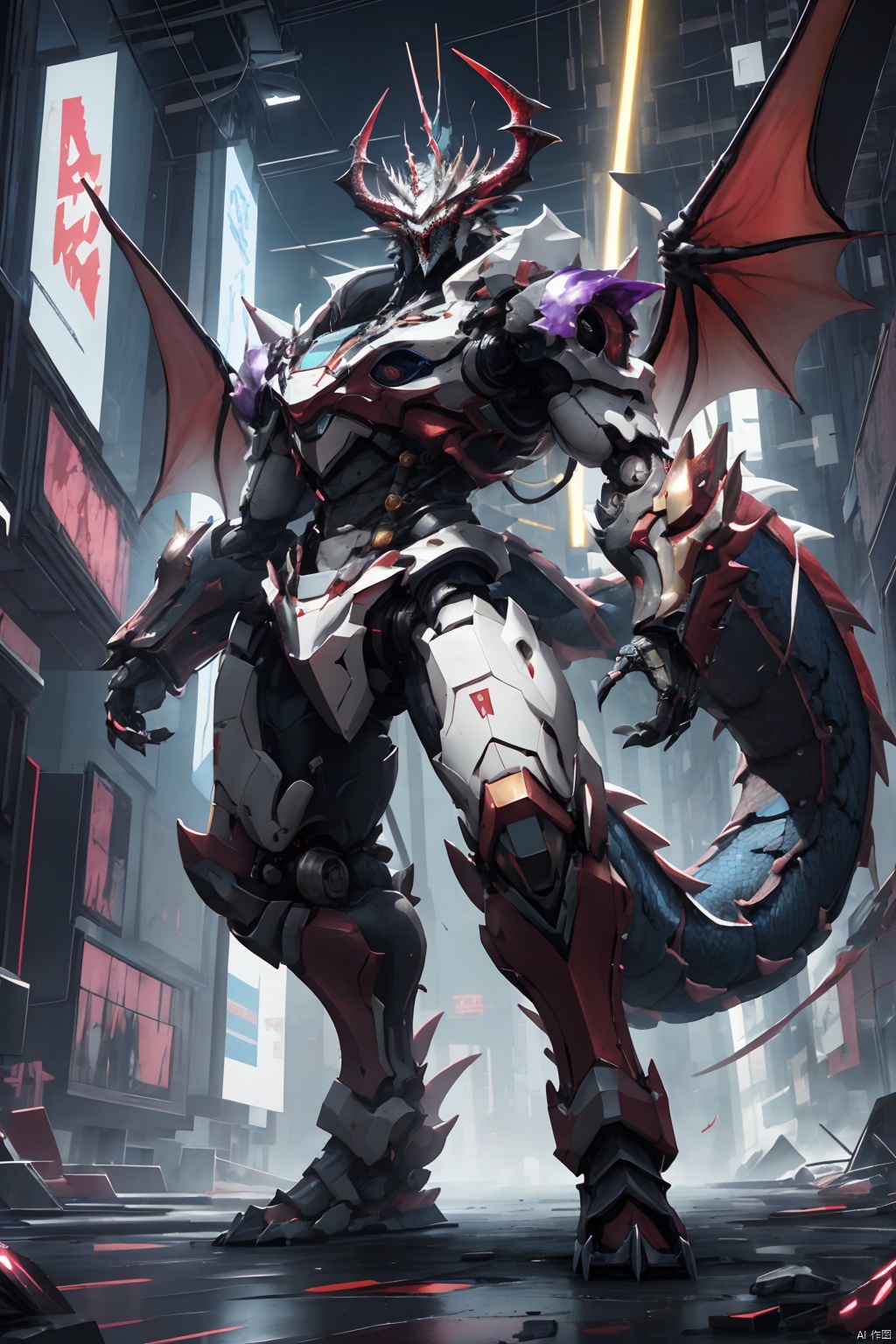  Masterpiece, high detail, 8k, full body, a huge humanoid dragon king with golden metal scale texture, sharp horns and teeth on the crown, strong and powerful mechanical arms and armor. The eye area of the Dragon King is a purple fluorescent screen, with a huge dragon wing composed of thrusters installed on the back and an armored dragon tail. The entire body is mainly composed of three colors: red, blue, and white, in a cyberpunk style

, 3d stely