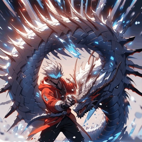  Confident 18-year-old boy, ((ice and snow dragon)), silver-white hair, red hoodie, detailed drawing of fighting pose (ice magic), shooting ice and snow magic from his hand, mechpp,