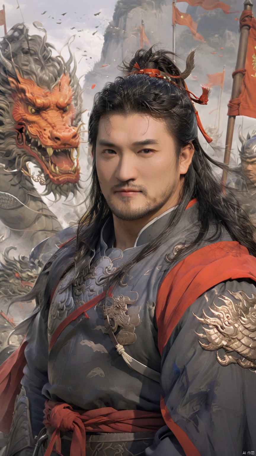  1man,stocky, strong, muscle, NSFW,penis
,naked_shirt,Majestic Ming Dynasty general, armored in a battle suit with embroidered dragon motifs, , and cloaked with a cape, his expression resolute. The backdrop features a battlefield scenery, flags fluttering, with high contrast and high definition to depict the ambiance of wartime epic, happy,
, Silverjoe, asian, huggymale,mature male,