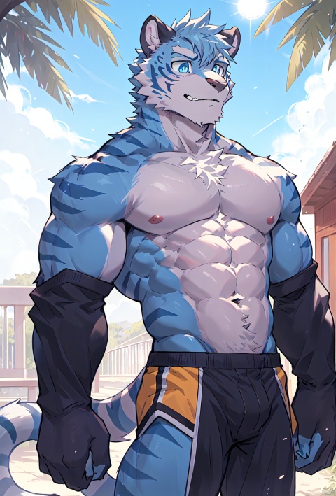  men,Correct body structure,Correct finger structure,Facial,correctness,sunshine,grim expression,Correct pupil structure,single person ,Blue and white fur,tiger,blue pupils,Slender physique