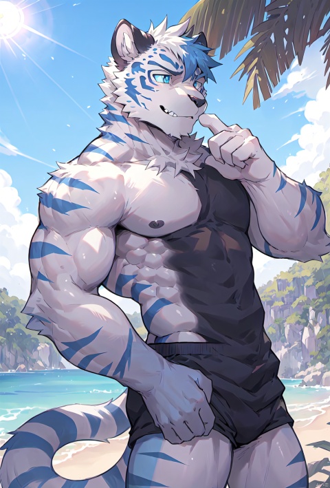  men,Correct body structure,Correct finger structure,Facial,correctness,sunshine,grim expression,Correct pupil structure,single person ,Blue and white fur,tiger,blue pupils,Slender physique