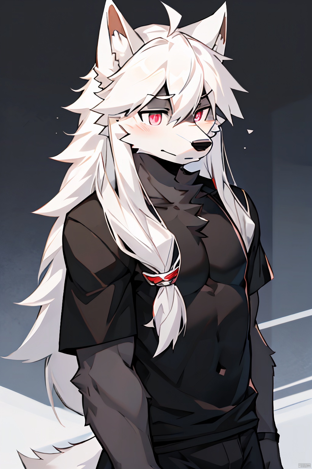  1man,Correct body structure,Correct finger structure,Correct pupil structure,single person, black fur, wolf, black shirt, white hair, long hair, shy, pink pupils, nj5furry