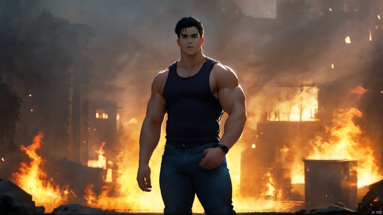  best quality, amazing quality, very aesthetic, absurdres,1man,solo,muscular male,looking at viewer, slighty_chubby, standing,**** top,warming,black hair, Muscular Male, 90s, Movie style background