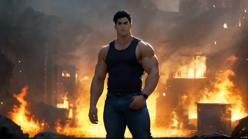  best quality, amazing quality, very aesthetic, absurdres,1man,solo,muscular male,looking at viewer, slighty_chubby, standing,tank top,warming,black hair, Muscular Male, 90s, Movie style background