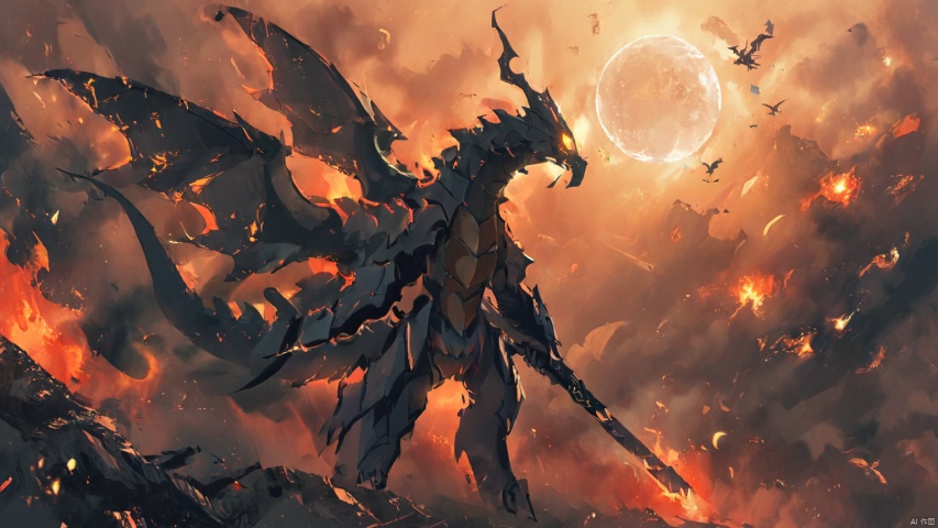  (masterpiece), (best quality),(illustration), wide shot, best quality, epic scenes, impactful visuals, holding, weapon, wings, teeth,holding weapon, armor, no humans, glowing, moon, fire, robot, glowing eyes, claws, monster,dragon, ananmo, Movie style background