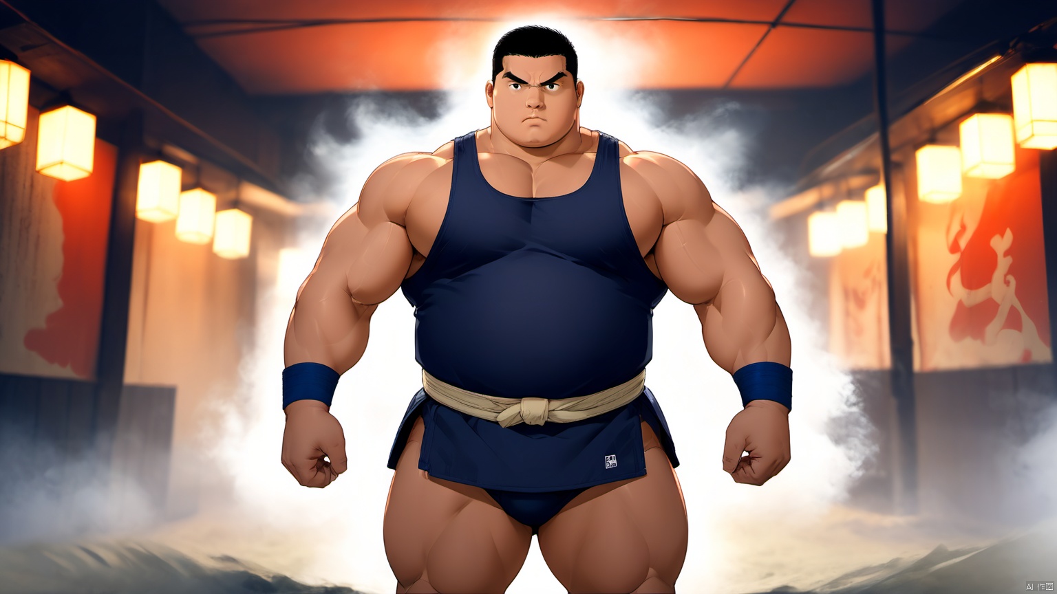  best quality, amazing quality, very aesthetic, absurdres,1man,solo,muscular male,looking at viewer, slighty_chubby, standing,**** top,warming,black hair, Muscular Male, 90s, Movie style background, SUMO