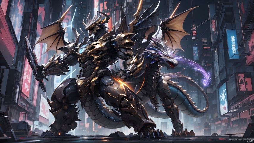  Masterpiece, high detail, 8k, full body, a huge humanoid dragon king with golden metal scale texture, sharp horns and teeth on the crown, strong and powerful mechanical arms and armor. The eye area of the Dragon King is a golden fluorescent screen, with a huge dragon wing composed of thrusters installed on the back and an armored dragon tail. The entire body is mainly composed of two colors: golden, purple, , in a cyberpunk style, stocky
,, 3d stely. The eyes emit purple laser beams.