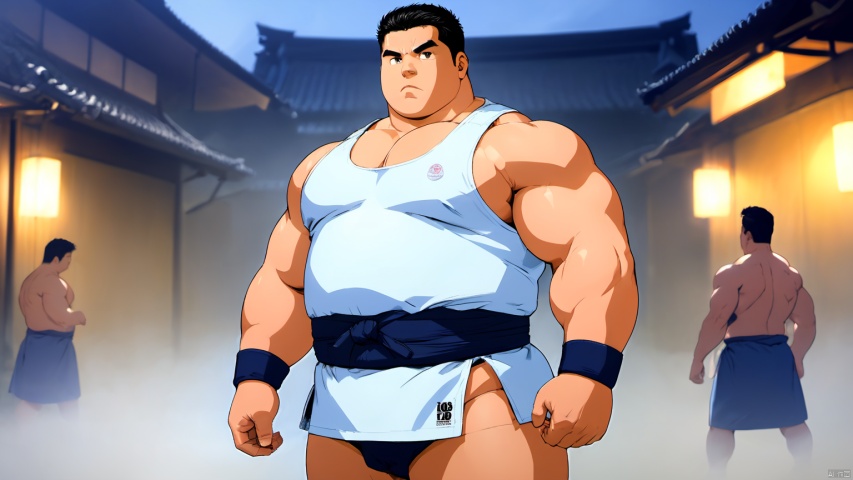  best quality, amazing quality, very aesthetic, absurdres,1man,solo,muscular male,looking at viewer, slighty_chubby, standing,tank top,warming,black hair, Muscular Male, 90s, Movie style background, SUMO