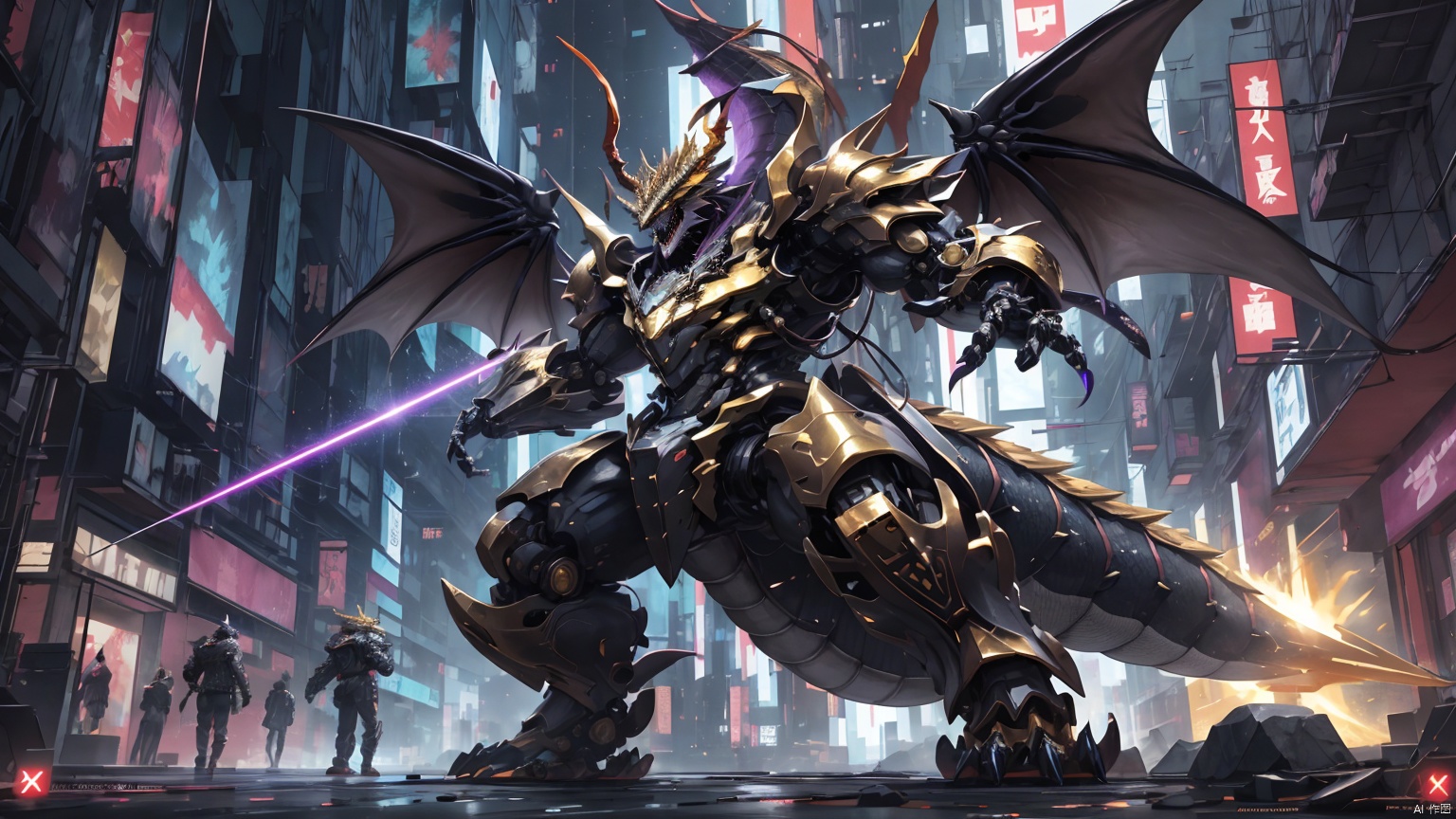  Masterpiece, high detail, 8k, full body, a huge humanoid dragon king with golden metal scale texture, sharp horns and teeth on the crown, strong and powerful mechanical arms and armor. The eye area of the Dragon King is a golden fluorescent screen, with a huge dragon wing composed of thrusters installed on the back and an armored dragon tail. The entire body is mainly composed of two colors: golden, purple, , in a cyberpunk style, stocky
,, 3d stely. The eyes emit purple laser beams.