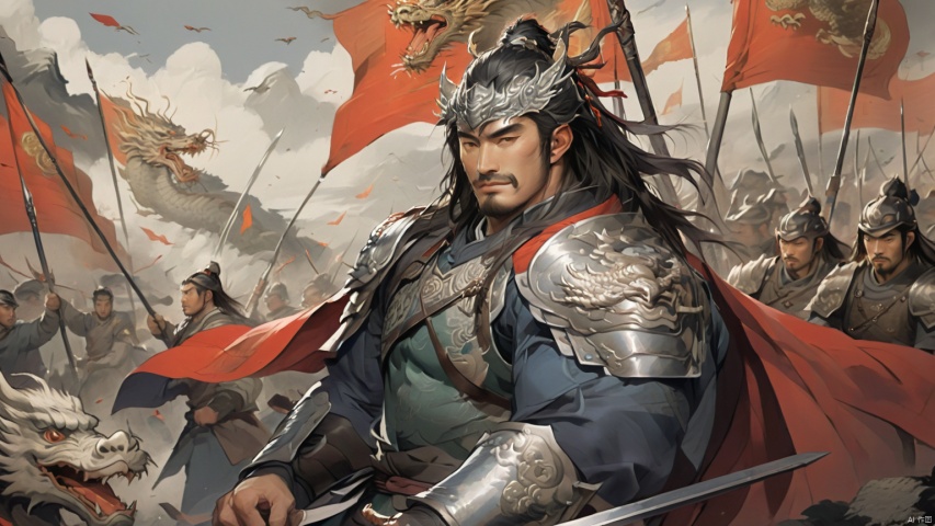  1man,stocky, strong, muscle, Majestic Ming Dynasty general, armored in a battle suit with embroidered dragon motifs, wielding a trusty sword, and cloaked with a cape, his expression resolute. The backdrop features a battlefield scenery, flags fluttering, with high contrast and high definition to depict the ambiance of wartime epic, happy,
, Silverjoe, asian, huggymale