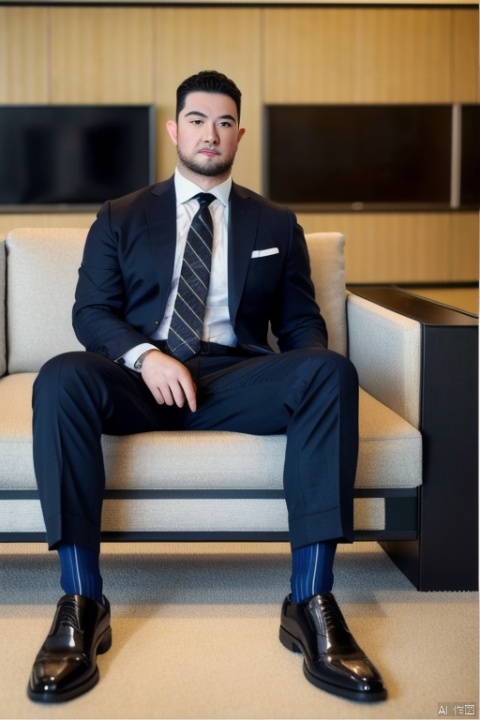  a man,chubby,male focus,(masterpiece, Realism, best quality, highly detailed,profession),asian,exquisite facial features,handsome,muscular,sitting,Business suit,socks,footwear,soft lighting,blurry,xiewa, ((poakl))