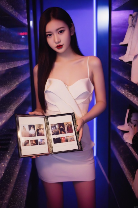  A beautiful girl, a nightclub product manager, breaks in a white dress to show her sexy nude photos to others, holding a nude collection album, frontal display, sex worker product introduction,Focus on photo content