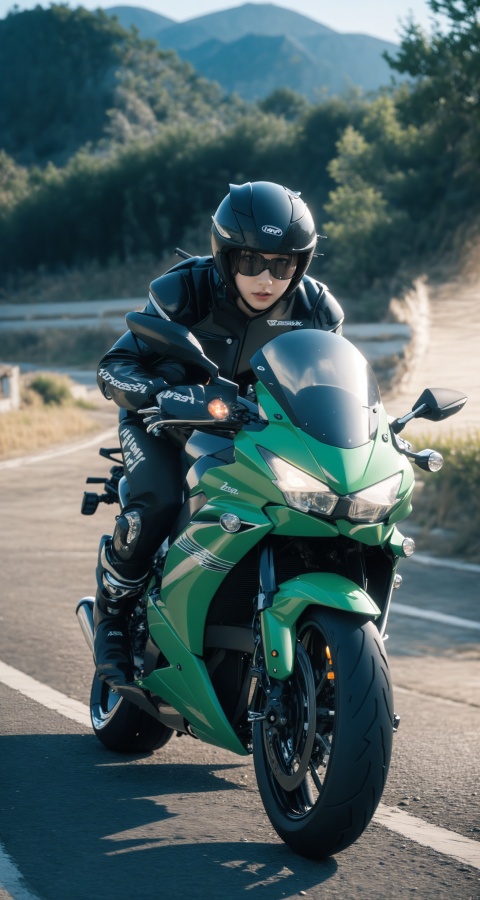 (Masterpiece, realistic, random shooting quality), girl,(driving | Kawasaki motorcycle), crazy, high speed lens, motion blur