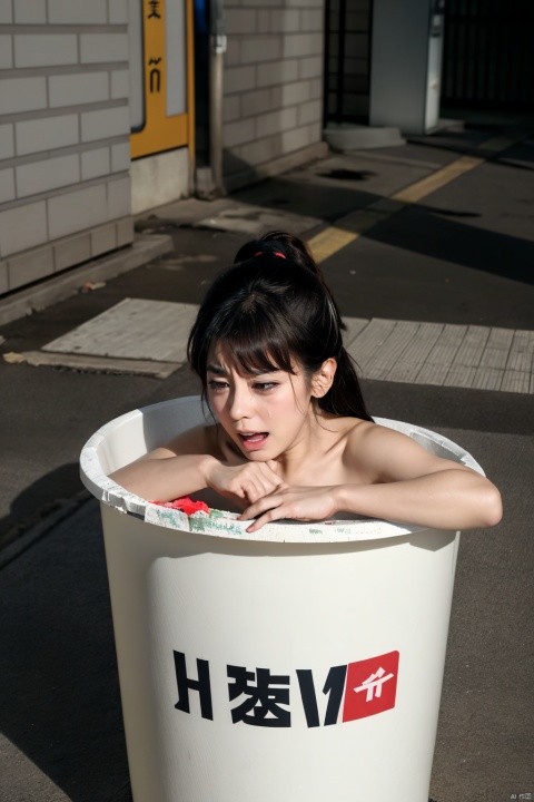 (Masterpiece, best picture quality, Japanese animation),R18, uncensored, girl, anger,crying,pain,serious,toppled into a trash can, exposing half her body,nsfw,Garbage station, 1girl,viscera,city,woman,covering breasts,flyswatter,dumpster