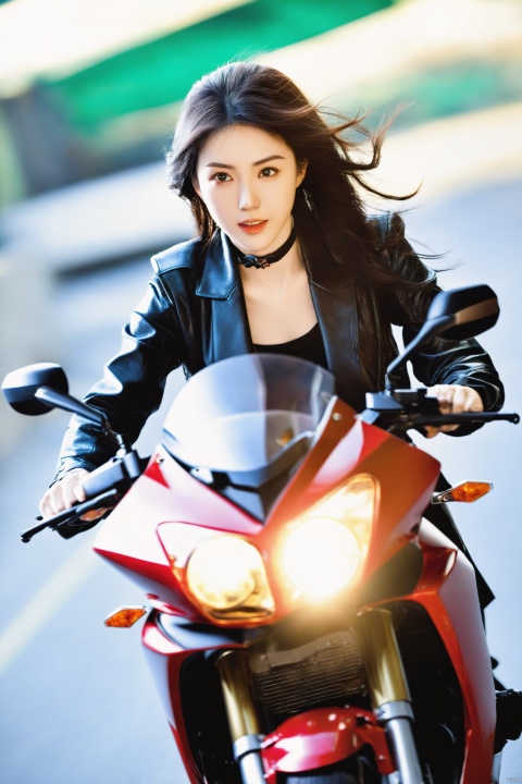 (Masterpiece, realistic, random shooting quality), girl,(driving | Kawasaki motorcycle), crazy, high speed lens, motion blur, 1girl,moyou, mugglelight