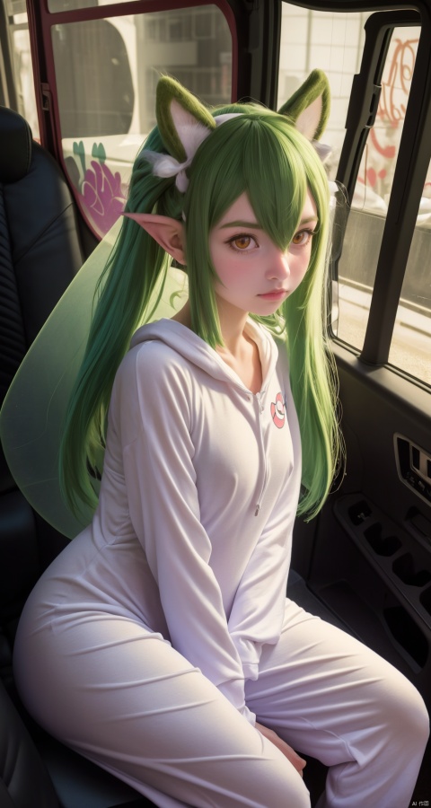  (Masterpiece, best picture quality, photo focus), girl, fairy ears, white | green _ hair,(hollowed-out onesies on both sides, hollowed-out, Pokemon, super detail), ribbon around the body, graffiti style,Carl Larsson,bus,vehicle interior, gardevoir