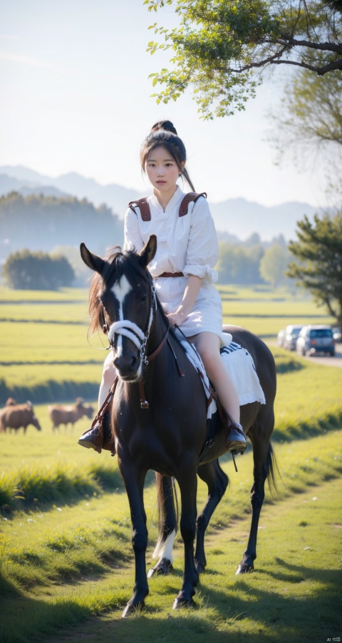  (Masterpiece, realistic, random photo quality), rural girl, Chinese countryside, herding baby,(riding | buffalo), fields, riding buffalo, relaxed,bestride|Buffalo, child,from below
