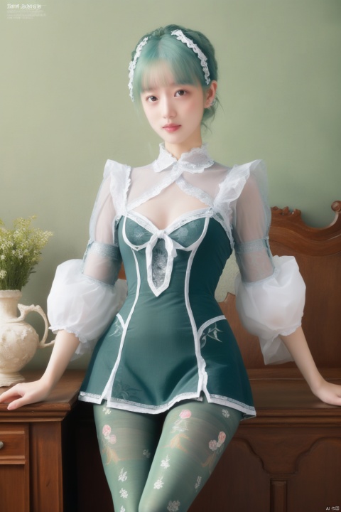  (Masterpiece, best picture quality, Photo Focus), Girl, Pixie ears, white | Green _ Hair,(high fork tights：1.1, cutout, Rococo print, Super Detail),vase, puffy sleeves, magazine cover\\"CK.", 1girl,moyou, tutultb, tutututu