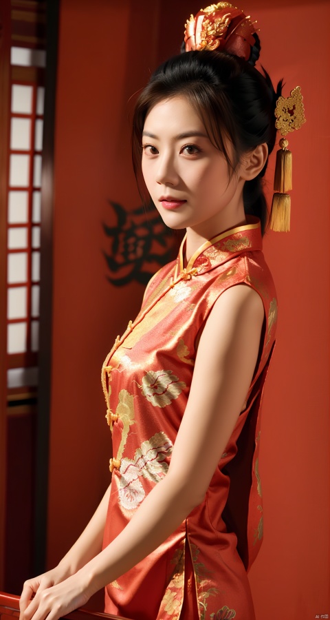  (Masterpiece, best picture quality, master works), epic composition, a girl, (Chinese dragon pattern | Dahongpao), Chinese New Year, Happy New Year, may you come into a good fortune,red theme, takei film, 1girl, jiajingwen