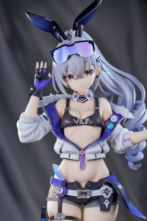 score_9, score_8_up, score_7_up, 1girl, silver_wolf（Honkai: Star Rail）, solo, silver-grey_hair, blue_highlights, gradient_at_ends, rabbit_ear_accessories, goggles, black_hair_clip, black_earring, black_white_asymmetric_patchwork_bra, privacy_film_on_body, white_jacket_with_fur_collar, circular_badge, partially_closed_zipper, game_controller_buttons_printed, lines, logos, pixel_patterns, black_half-finger_gloves, low-waist_fishnet_shorts_with_tassels, sporty_boots, one_stocking.