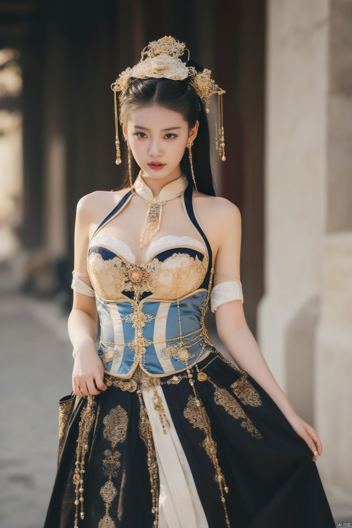  (Masterpiece, best picture quality), Ming **,Tang Dynasty imperial palace, a beautiful concubine, on the front skirt, big breasts, winking charm, sexual impulse,detailer nipple,Microsoft,see *****,pearl pasties,garter belt,Combination of Chinese and western,Steampunk_Chinese embroidery,Streets of Paris, cityscape, mugglelight