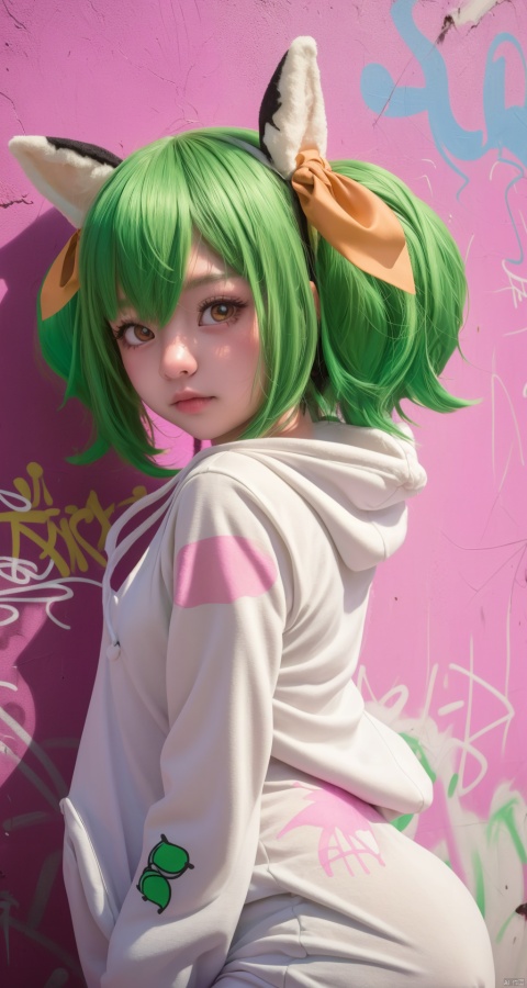  (Masterpiece, best picture quality, photo focus), girl, fairy ears, white | green _ hair,(hollowed-out onesies on both sides, hollowed-out, Pokemon, super detail), ribbon around the body, graffiti style,sunset,