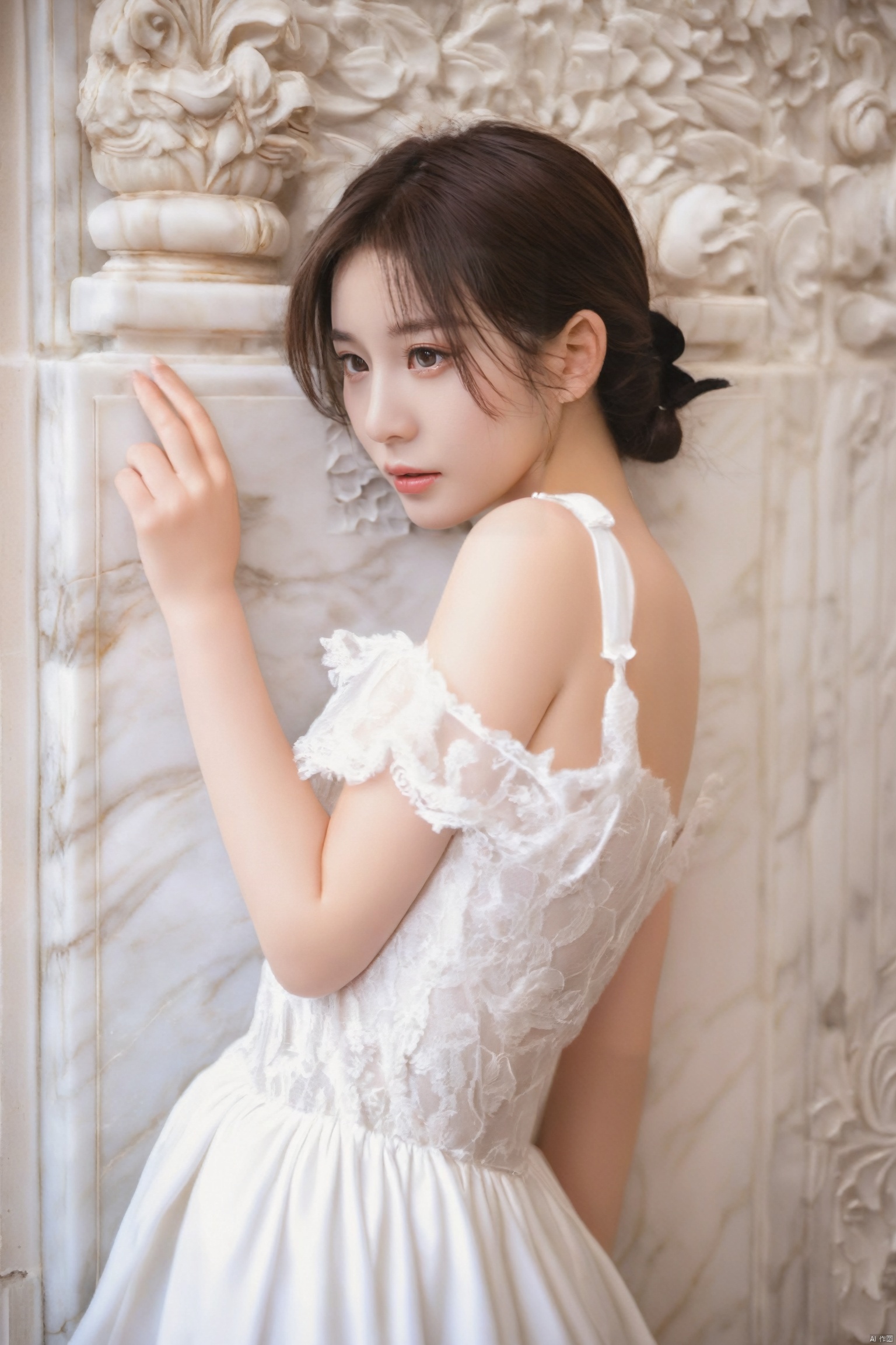 araffe asian woman in white dress leaning against a wall, a marble sculpture by Nagasawa Rosetsu, pixiv, rococo, smooth translucent white skin, realistic young gravure idol, young sensual gravure idol