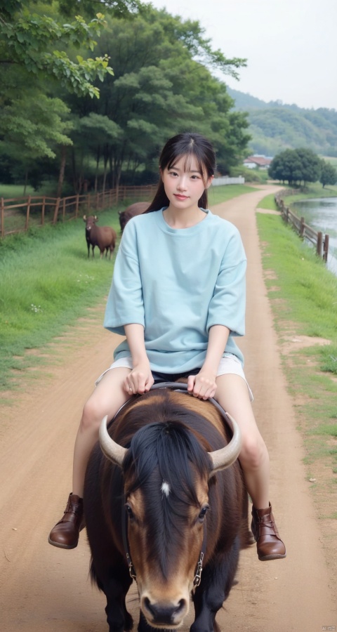  (Masterpiece, realistic, random photo quality), rural girl, Chinese countryside, herding baby,(riding | buffalo), fields, riding buffalo, relaxed,bestride|Buffalo, child,from below, 1girl