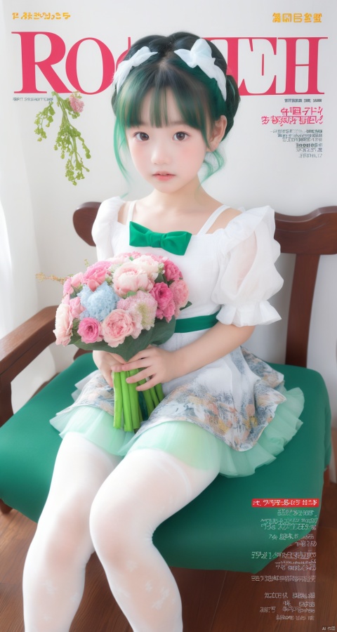  (Masterpiece, best picture quality, Photo Focus), Girl, Pixie ears, white | Green _ Hair,(high fork tights：1.1, cutout, Rococo print, Super Detail),bouquet, puffy sleeves, magazine cover\\"CK.", 1girl, child