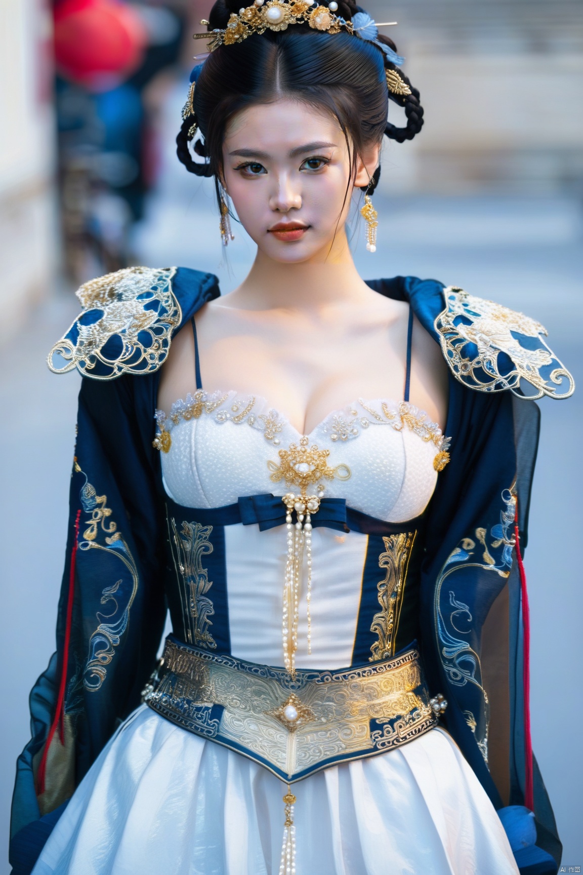 (Masterpiece, best picture quality), Ming **,Tang Dynasty imperial palace, a beautiful concubine, on the front skirt, big breasts, winking charm, sexual impulse,detailer nipple,Microsoft,see *****,pearl pasties,garter belt,Combination of Chinese and western,Steampunk_Chinese embroidery,Streets of Paris, cityscape