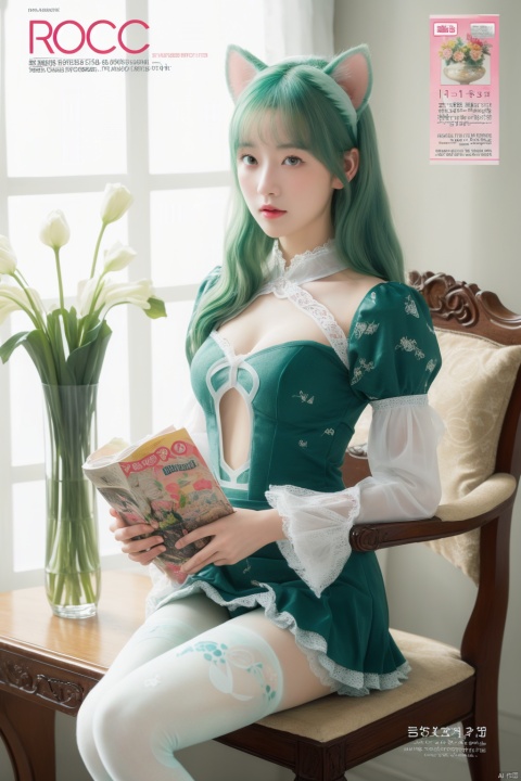  (Masterpiece, best picture quality, Photo Focus), Girl, Pixie ears, white | Green _ Hair,(high fork tights：1.1, cutout, Rococo print, Super Detail),vase, puffy sleeves, magazine cover\\"CK.", 1girl,moyou,