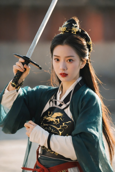  Wuxia style, a spirited girl, wearing Ming Dynasty armor, holding Chinese Tang sword, broken wind, Chinese classical architecture, mugglelight