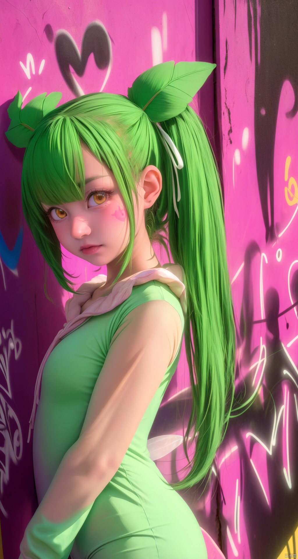  (Masterpiece, best picture quality, photo focus), girl, fairy ears, white | green _ hair,(hollowed-out onesies on both sides, hollowed-out, Pokemon, super detail), ribbon around the body, graffiti style,sunset, kirlia, meganium