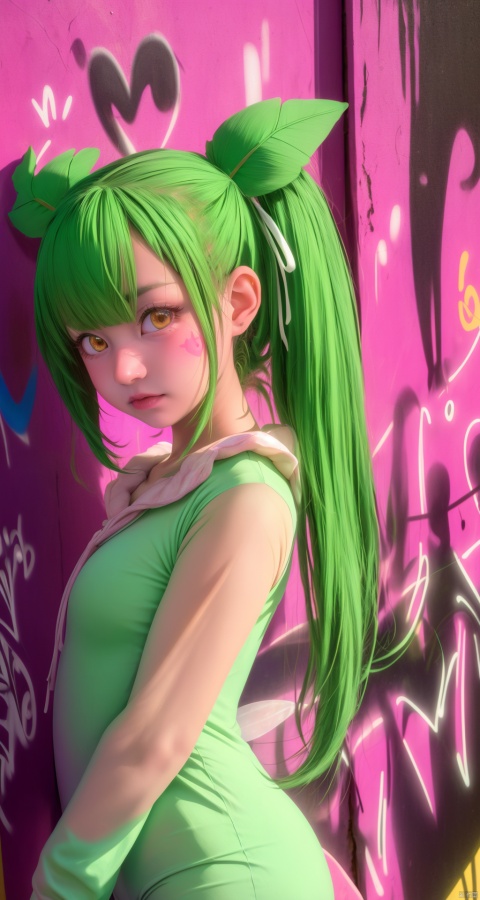  (Masterpiece, best picture quality, photo focus), girl, fairy ears, white | green _ hair,(hollowed-out onesies on both sides, hollowed-out, Pokemon, super detail), ribbon around the body, graffiti style,sunset, kirlia, meganium