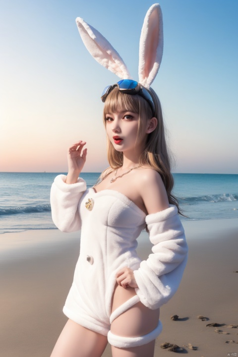  (Masterpiece, best picture quality, original character), girl, rabbit ears, fluffy bunny suit, shell jewelry, shell pendant, (naughty, funny expression), sea, beach, dream bubble, bubble light, Surrealism, 1girl,moyou,virtual reality