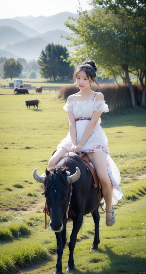  (Masterpiece, realistic, random photo quality), rural girl, Chinese countryside, herding baby,(riding | buffalo), fields, riding buffalo, relaxed,bestride|Buffalo, child,from below