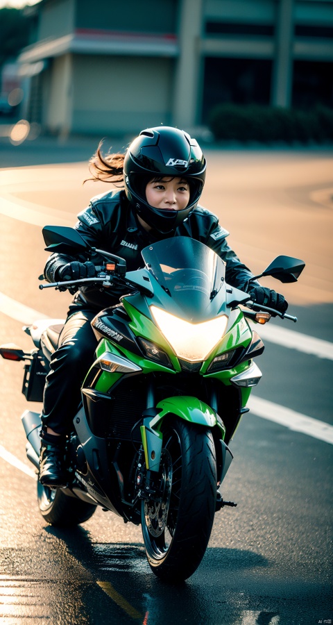  (Masterpiece, realistic, random shooting quality), girl,(driving | Kawasaki motorcycle), crazy, high speed lens, motion blur