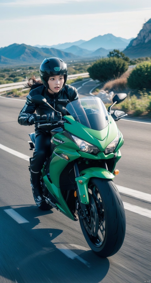 (Masterpiece, realistic, random shooting quality), girl,(driving | Kawasaki motorcycle), crazy, high speed lens, motion blur