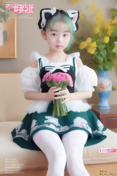  (Masterpiece, best picture quality, Photo Focus), Girl, Pixie ears, white | Green _ Hair,(high fork tights：1.1, cutout, Rococo print, Super Detail),vase, puffy sleeves, magazine cover\\"CK.", 1girl,moyou, tutultb, tutututu, child
