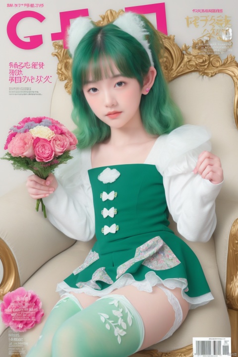 (Masterpiece, best picture quality, Photo Focus), Girl, Pixie ears, white | Green _ Hair,(high fork tights：1.1, cutout, Rococo print, Super Detail),bouquet, puffy sleeves, magazine cover\\"CK.", 1girl, child