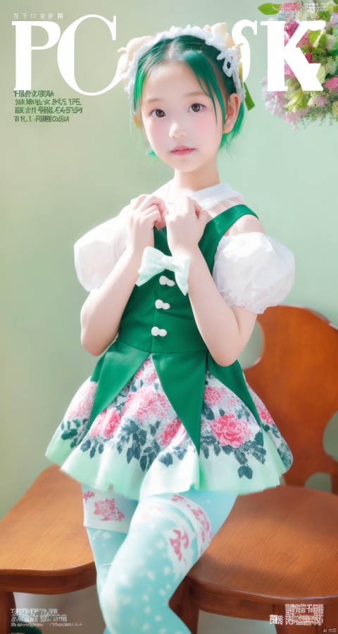  (Masterpiece, best picture quality, Photo Focus), Girl, Pixie ears, white | Green _ Hair,(high fork tights：1.1, cutout, Rococo print, Super Detail),bouquet, puffy sleeves, magazine cover\\"CK.", 1girl, child, takei film