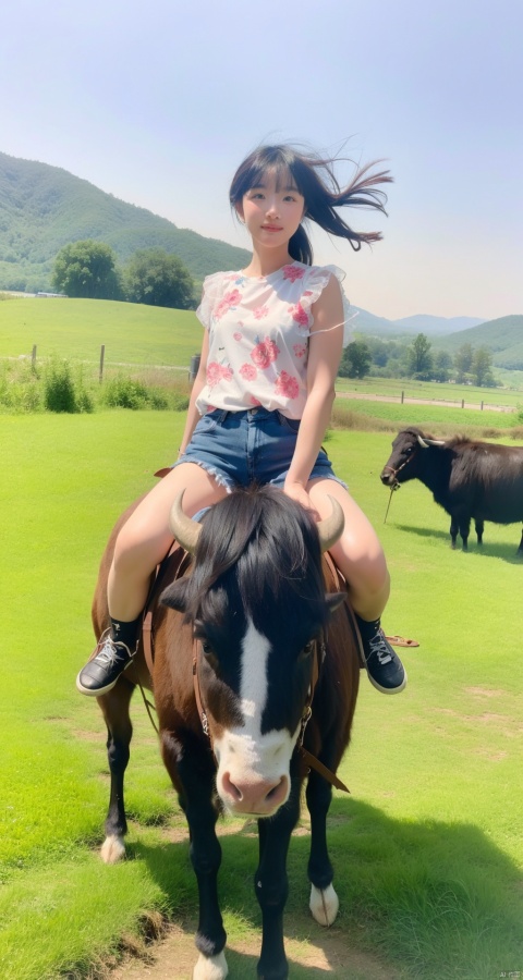  (Masterpiece, realistic, random photo quality), rural girl, Chinese countryside, herding baby,(riding | buffalo), fields, riding buffalo, relaxed,bestride|Buffalo, child,from below, 1girl
